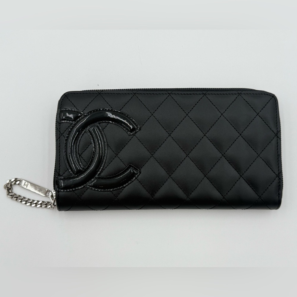 Chanel Cambon Line Coco Mark Round Zipper Long Wallet Black Enamel Pink Calfskin